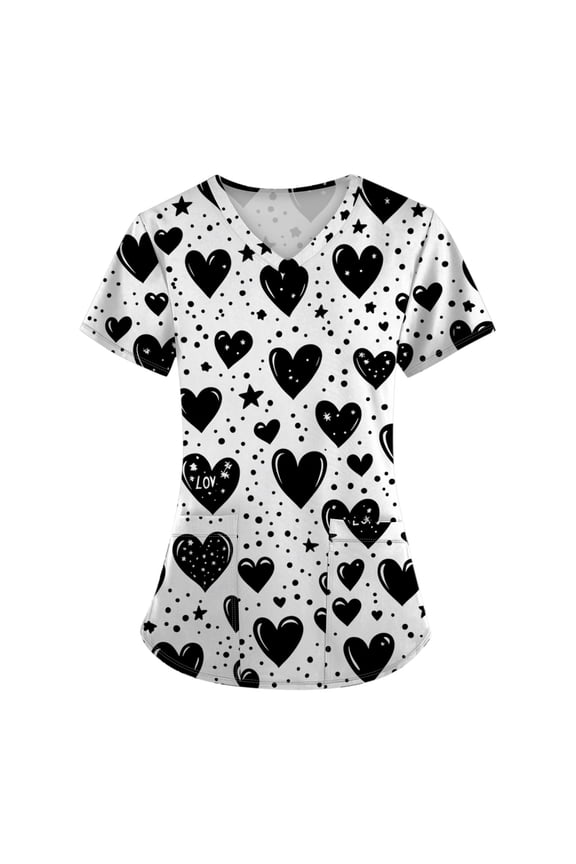 Valentines Day Scrub Uniforms Women Short Sleeve T-Shirts Hearts Printed V Neck Nurse Working Stretchy Uniforms with 2 Big Pockets Black XL