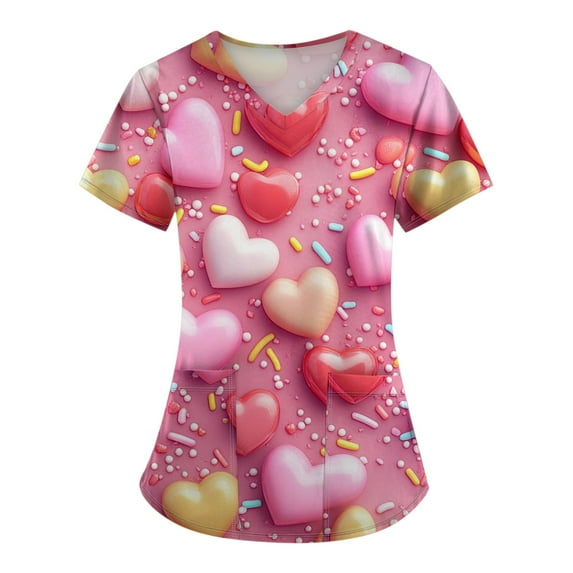 Mlqidk Valentines Print Scrub Top Marble Heart Printed Stretch Soft Scrub Shirts with Pockets Personalized Comfy Plus Size Nurse Work Tops S Yellow XL