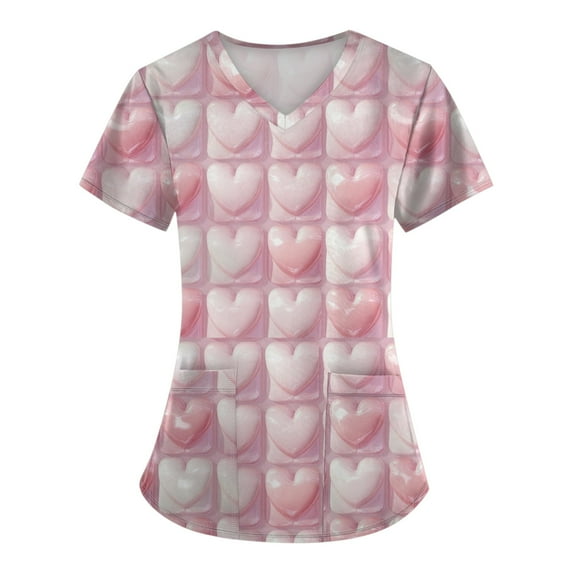 Mlqidk Valentines Print Scrubs for Women Summer Love Heart Print Short Sleeve Medical Scrub Shirts Pocket Workwear V Neck Holiday Tunic Blouse Pink 5XL