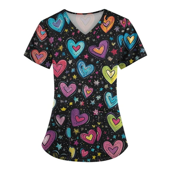 Mlqidk Valentines Print Scrubs for Women 2025 Short Sleeve V Neck Love Heart Print Working Nurse Uniform with Two Big Pocket Purple 3XL