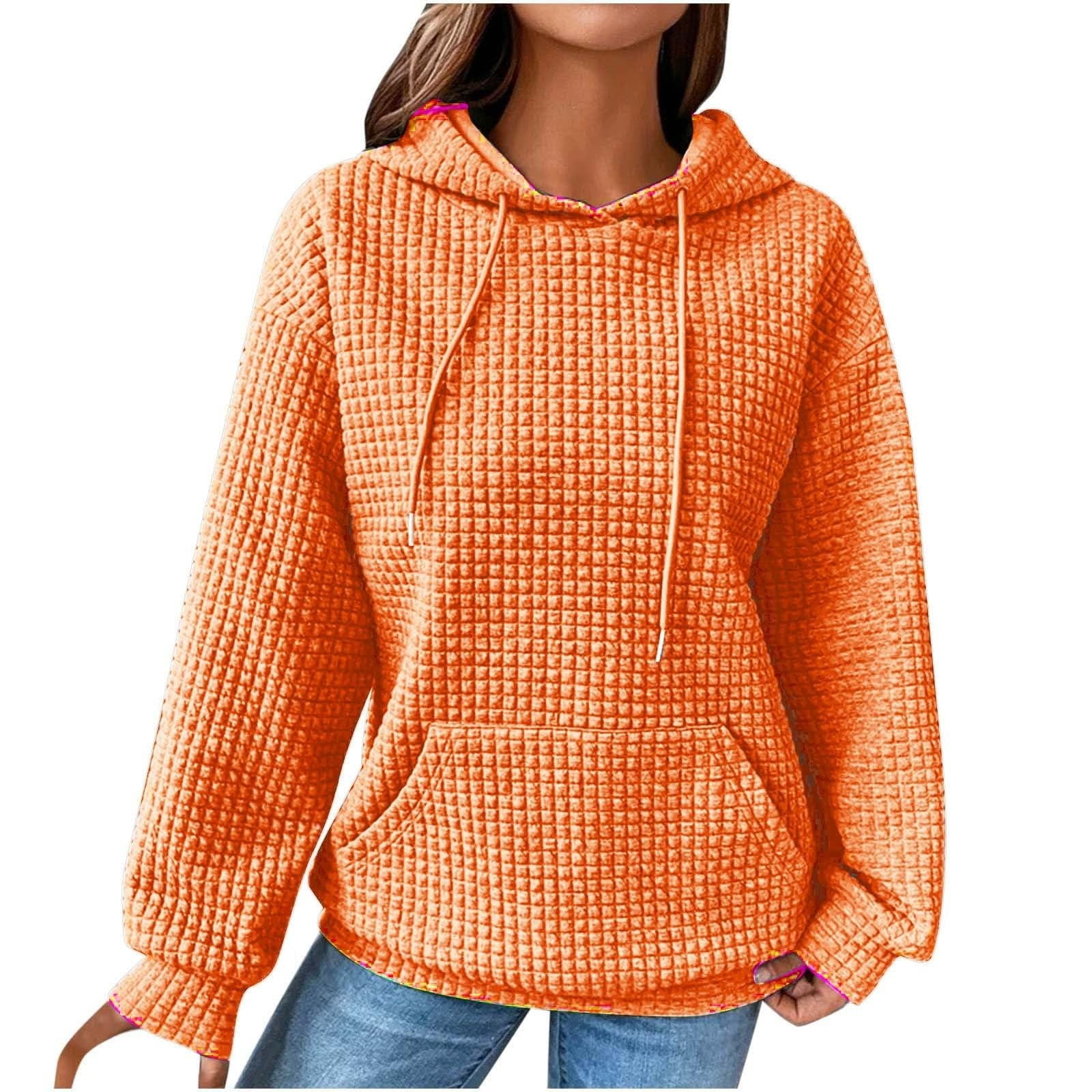 Mlqidk Waffle Knit Plain Casual Hoodie Sweatshirt with Pocket Fall Fashion  Tops for Women Comfy Color Lightweight Outfits Orange M