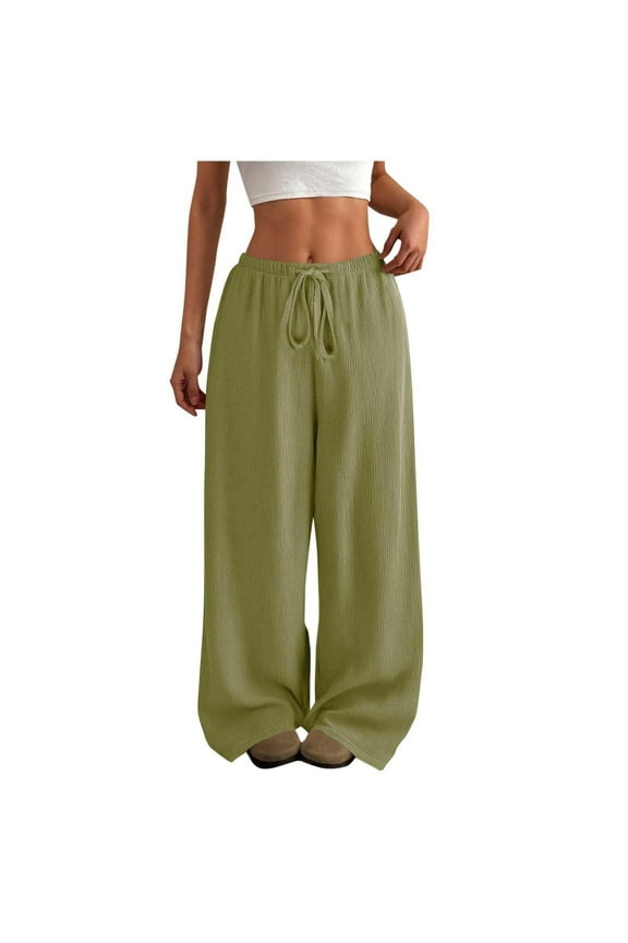 Wide Leg Pants Woman Casual High Waist Gauze Pants Flowy Wide-Leg Cotton Linen Trousers Plus Size Loose Fit Solid Color Drawstring Pants Army Green M