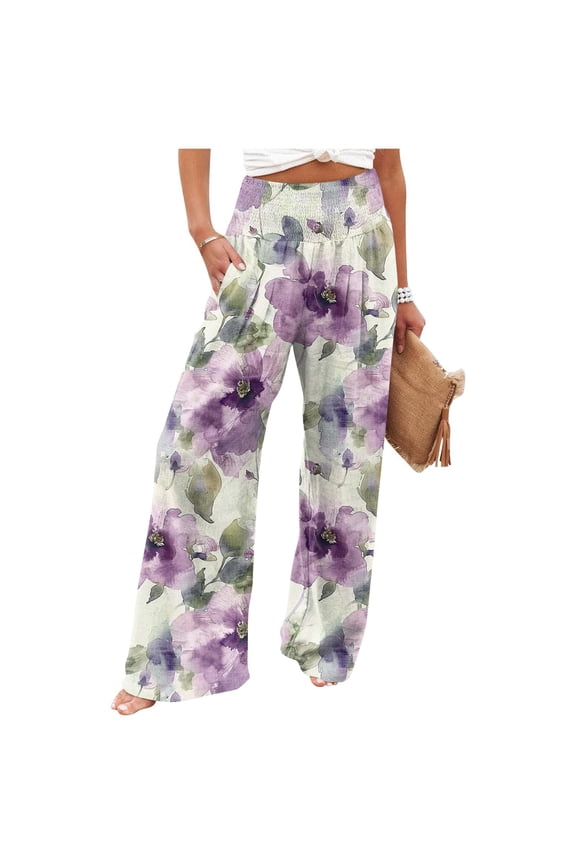 Wide Leg Pants Woman Lounge High Waist Capri Pants Lightweight Wide Leg Cotton Linen Trouser Plus Size Loose Floral Print Pants with Pocket Purple XL