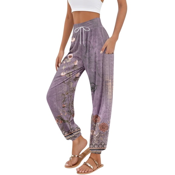 Mlqidk Wide Leg Pants Woman Summer Casual Boho Floral Comfy Harem Pants Elastic Waisted Loose Fashion Lounge Pants Beach Travel Clothing with Pockets Light Purple S