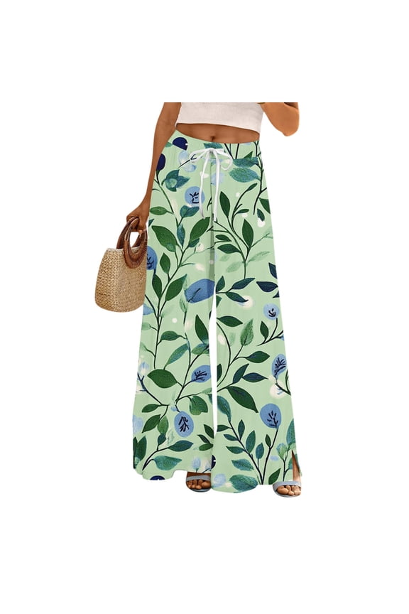 Wide Leg Pants Women Casual Loose Fit High Waisted Pant Elastic Drawstring Wide-Leg Palazzo Pants Summer Boho Floral Print Trouser with Pockets Army Green 2XL