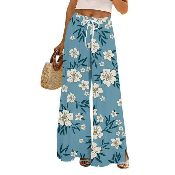 Mlqidk Wide Leg Pants Women Dressy Loose High Waisted Pant Elastic Drawstring Wide-Leg Beach Pants Summer Boho Floral Print Trouser with Pockets Turquoise 2XL