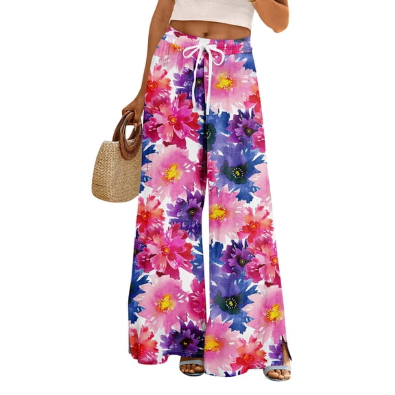 Mlqidk Wide Leg Pants Women Lounge Loose High Waist Pant Elastic Drawstring Wide Leg Capris Pants Summer Bohemian Floral Print Trouser with Pockets Hot Pink S