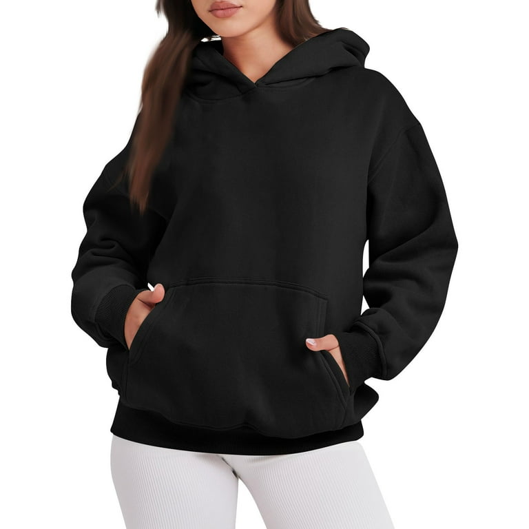 Mlqidk Women Hoodies Fleece Oversized Sweatshirt Casual Basic Long Sleeve  Athletic Workout Pullover Fall Clothes Black XL