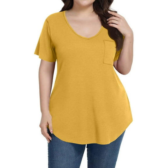 Mlqidk Women Plus Size Tops 4x-5x Trendy Crew Neck T Shirts Solid Color Tees Short Sleeve Tunics Shirts Dressy Casual Womens Clothing Earthy Yellow 3XL