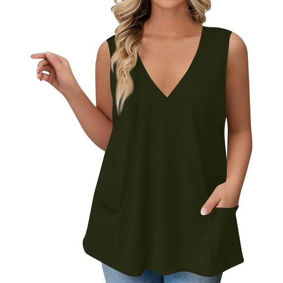 Mlqidk Women Plus Size Tops 4x-5x Trendy Sleeveless Tunics Tank Shirts Print T-Shirt Deep V Neck Tunic Shirts Loose Fit Casual Trendy Tunics Army Green 2XL