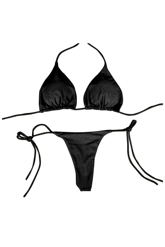 Women Sexy Halterneck Tiny Mini Micro Bra Charming Bikini G String Bottom Beachwear 2 Pieces,Black L