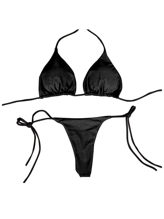 Women Sexy Halterneck Tiny Mini Micro Bra Charming Bikini G String Bottom Beachwear 2 Pieces,Black S