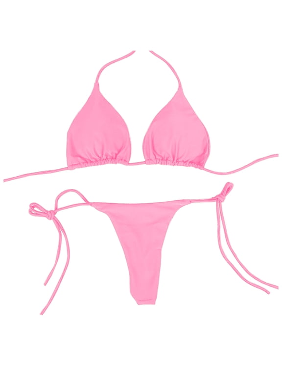 Women Sexy Halterneck Tiny Mini Micro Bra Charming Bikini G String Bottom Beachwear 2 Pieces,Pink M