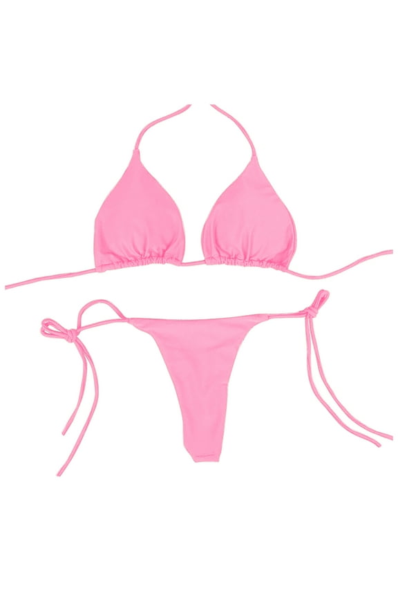 Women Sexy Halterneck Tiny Mini Micro Bra Charming Bikini G String Bottom Beachwear 2 Pieces,Pink S