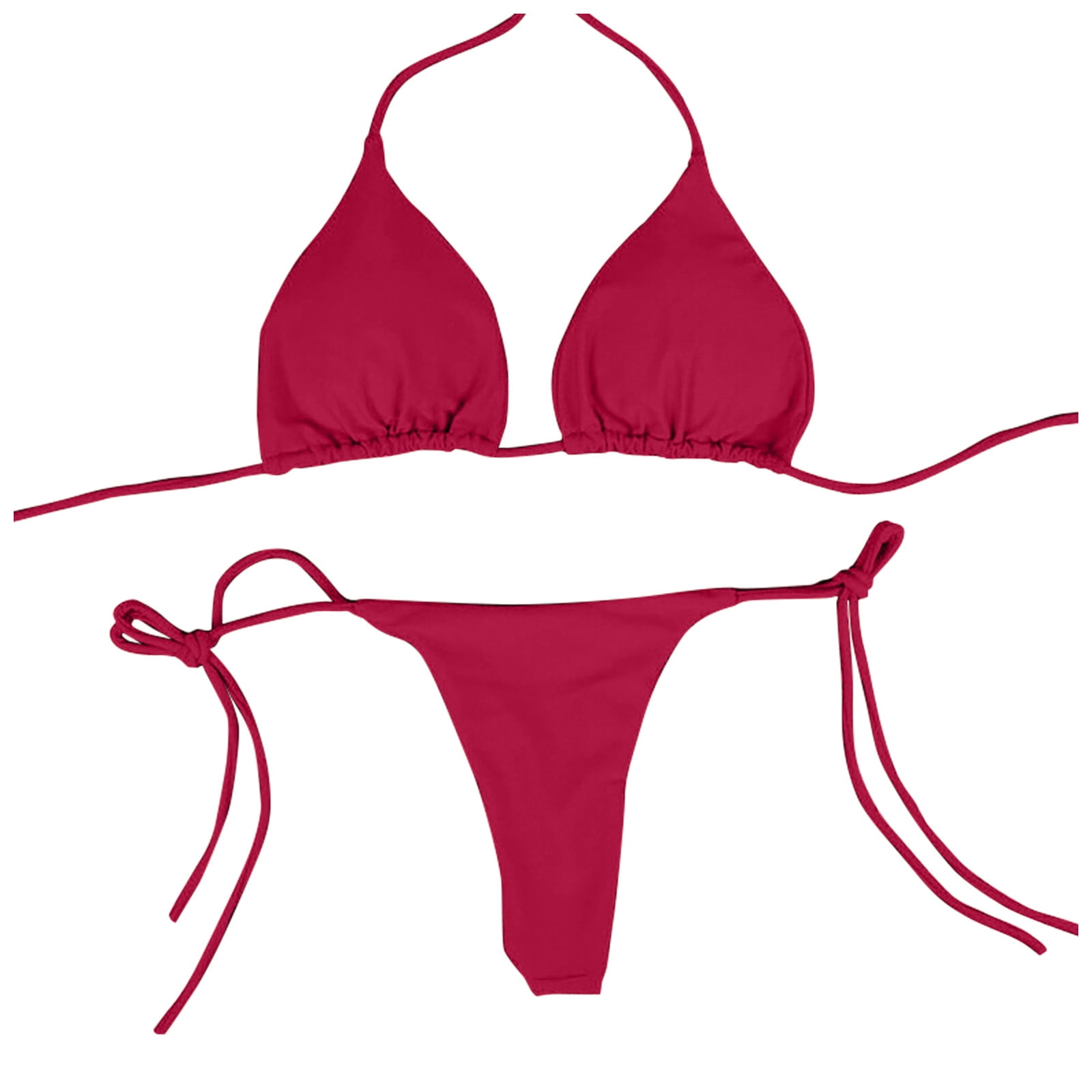 Mlqidk Women Sexy Halterneck Tiny Mini Micro Bra Charming Bikini G String Bottom Beachwear 2 Pieces,Red L