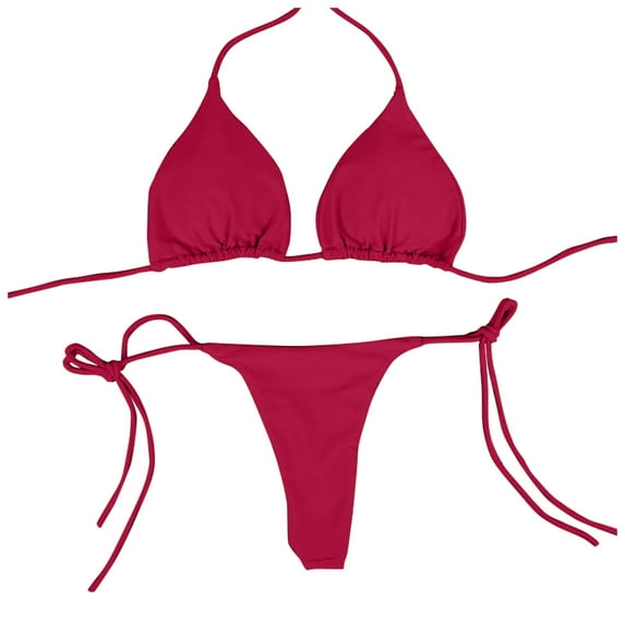 Mlqidk Women Sexy Halterneck Tiny Mini Micro Bra Charming Bikini G String Bottom Beachwear 2 Pieces,Wine XL