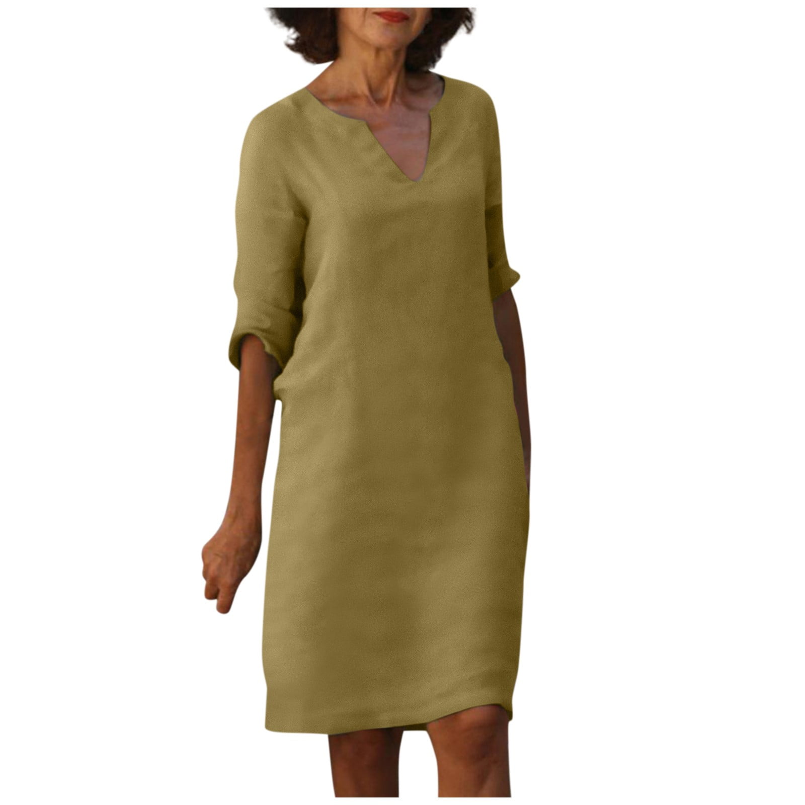 Mlqidk Cotton Linen Dresses for Women Vintage 3 4 Sleeve V Neck Solid Color  Casual Loose Knee Length Shift Dress,Mint Green XXXL 