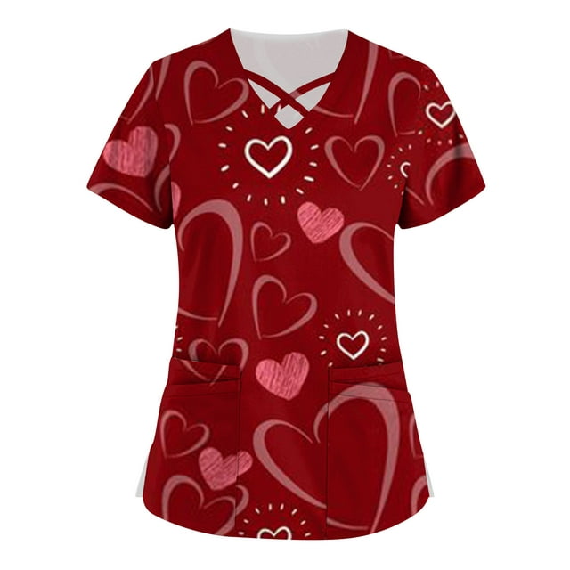 Mlqidk Women Valentine's Day Scrub Tops Stretchy Plus Size Short Sleeve ...