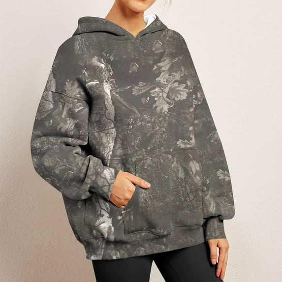 Mlqidk Women's Camo Hoodie Maple Leaf Print Oversized Sweatshirt Fleece Hooded Sweatshirts with Pocket Casual Fall Pullover Brown X-Large