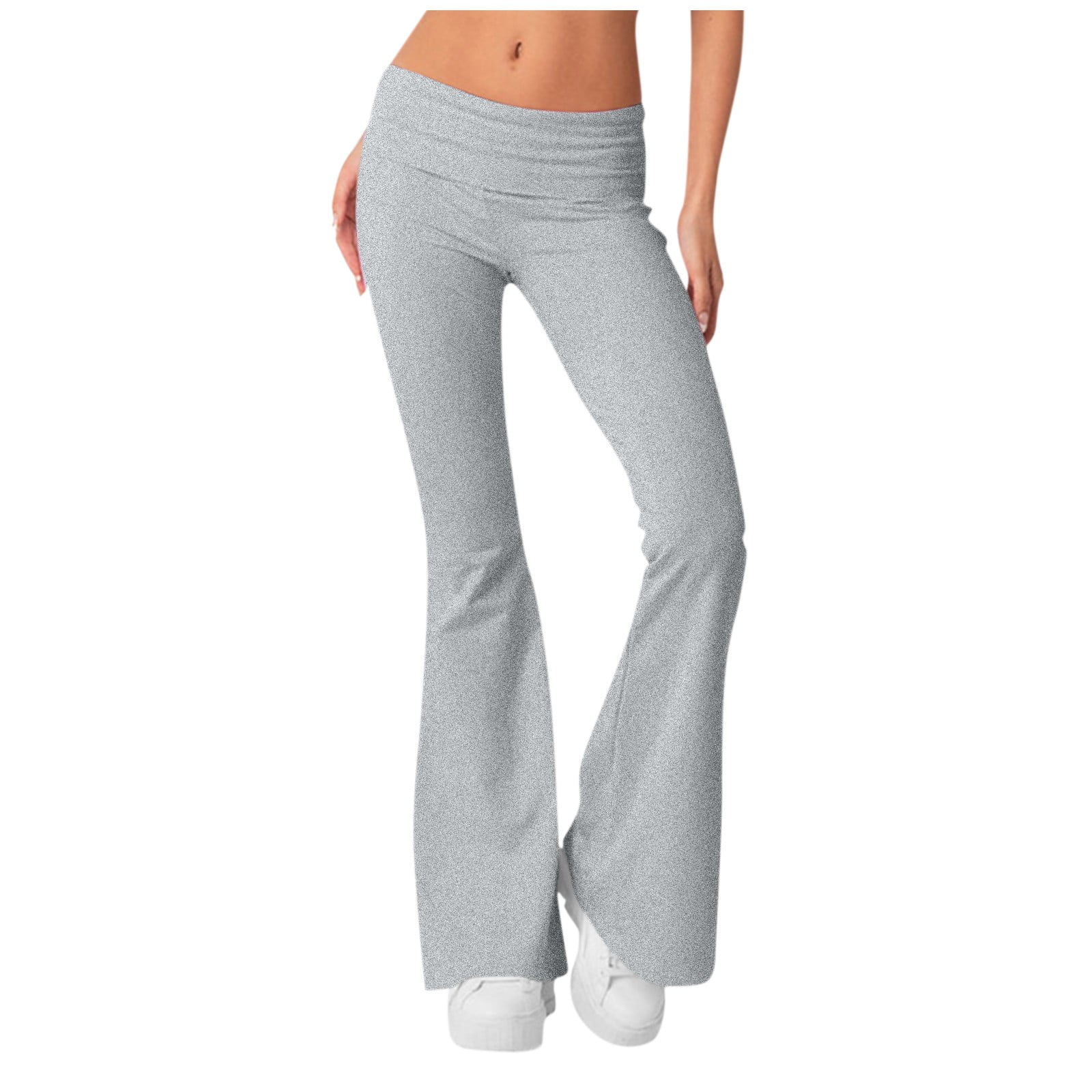 Mlqidk Women 's Flare Skinny Pants Fold Over Leggings Stretch Bootcut Bell  Bottom Yoga Pants Y2k Joggers Light Gray S