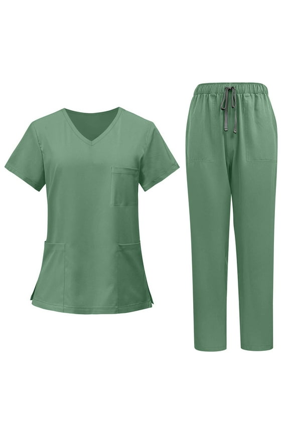 Mlqidk Women's Medical Scrub Sets Breathable Scrubs Set V Neck Top and Pants with Pockets Nurse Scubs Green L