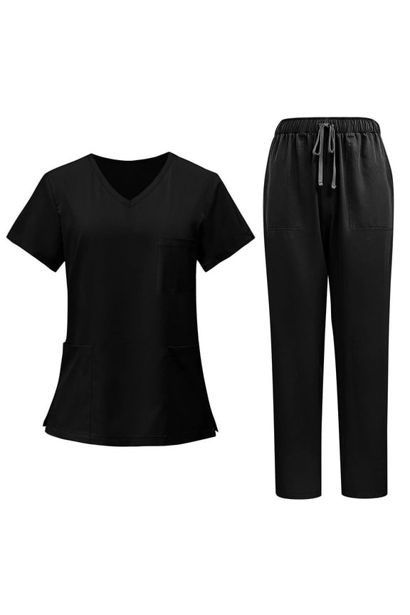 Mlqidk Women's Medical Scrub Sets Comfortable Scrubs Set V Neck Top and Pants with Pockets Nurse Scubs Black S