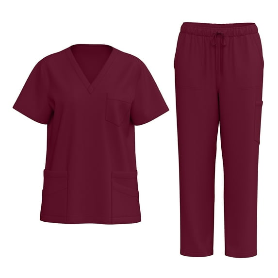 Mlqidk Women's Medical Scrub Sets V Neck Top and Pants with Pockets Comfortable Scrubs Set Nurse Scubs Wine 2XL