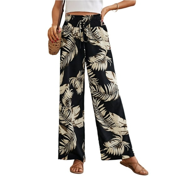Mlqidk Women's Pants Dressy Loose Fit High Waist Pants DrawstringWide Leg Capris Pants Summer Boho Floral Print Trouser with Pockets Black S