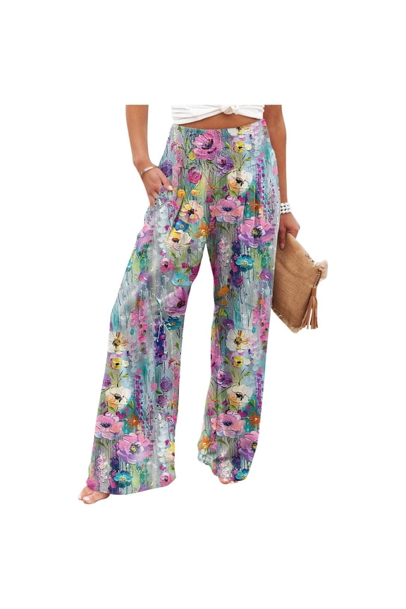 Women's Pants Lounge High Waisted Gauze Pants Dressy Wide-Leg Cotton Linen Trouser Plus Size Loose Floral Print Pants with Pocket Pink 2XL