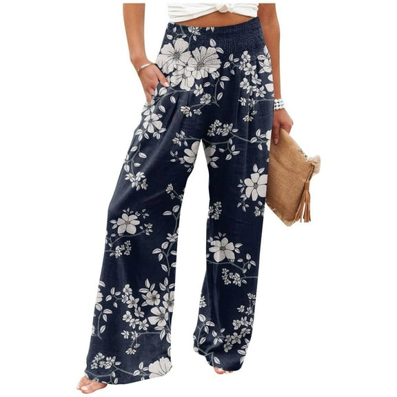 Mlqidk Women's Pants Lounge High Waisted Palazzo Pants Lightweight Wide-Leg Cotton Linen Trousers Plus Size Loose Fit Floral Print Pants with Pocket Navy M