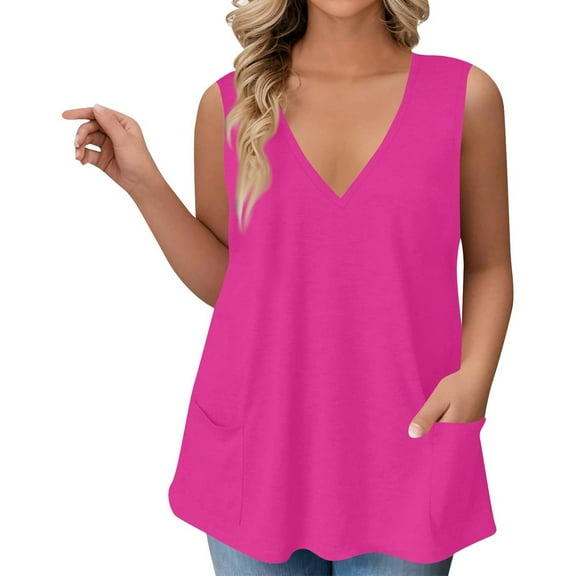 Mlqidk Women's Plus Size Tops 4x-5x Summer Deep V Neck T Tank Shirts Graphic Tees Sleeveless Blouses Dressy Casual Tunics Blouses Hot Pink 2XL