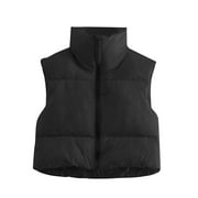 Mlqidk Women's Stand Collar Crop Puffer Vest Lightweight Sleeveless Winter Warm Outerwear Puffer Vest Padded Gilet