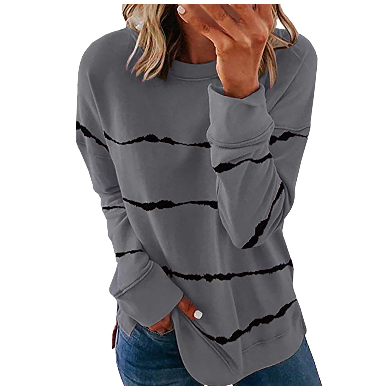 Long Sleeve Sweatshirts Women Trendy Girls 2024 Casual Crewneck Cute  Pullover Stripe Print Blouses Fall Relaxed Fit