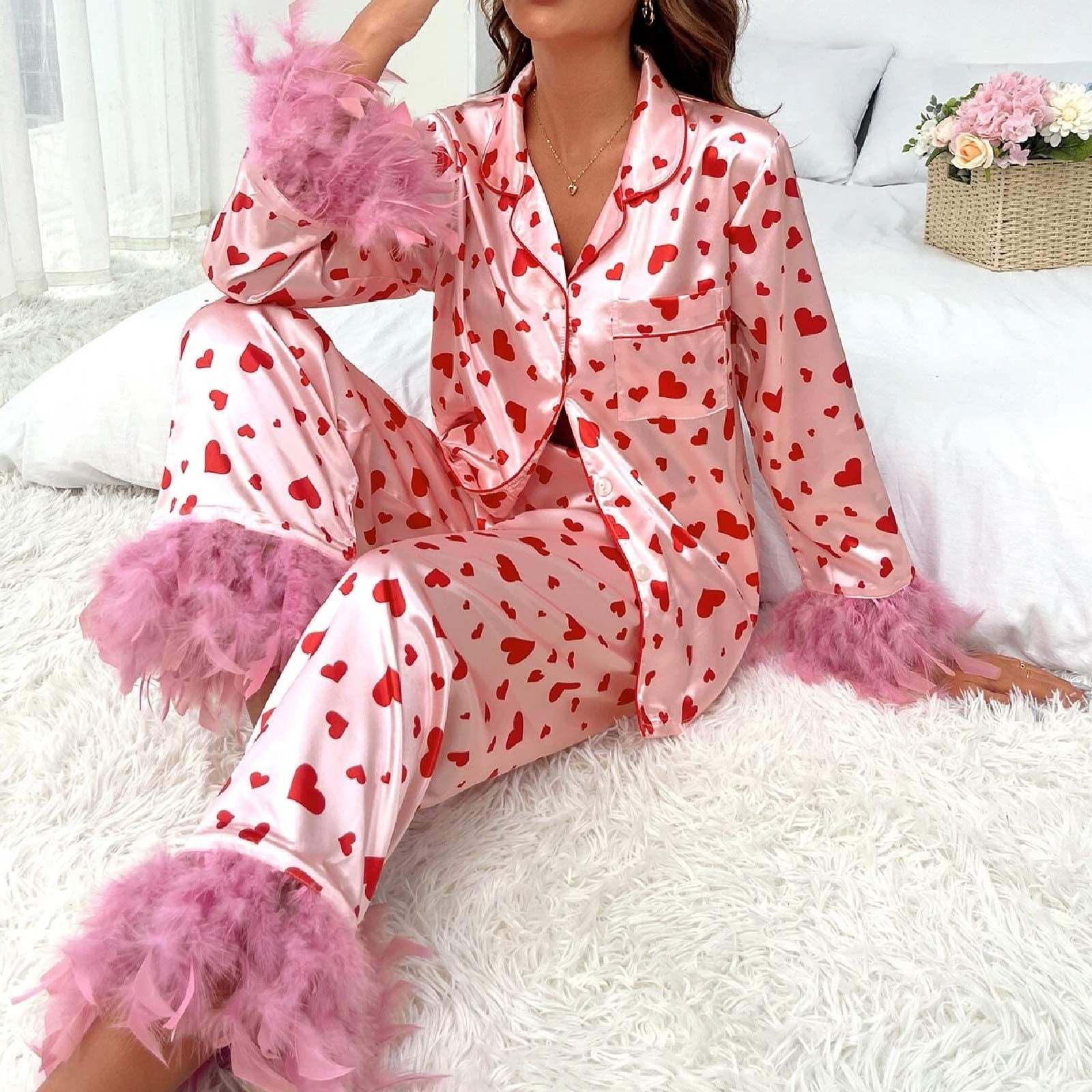 Mlqidk Women’s Valentine's Day Pajama Set Hearts Print Lounge Sets