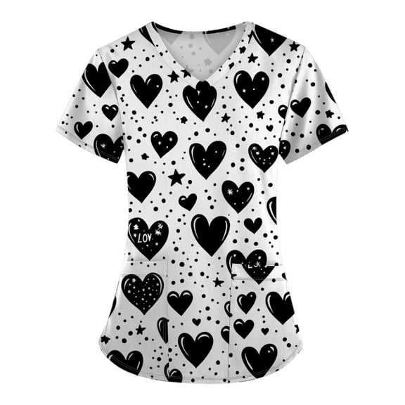 Mlqidk Women's Valentines Printed Scrub Tops Plus Size Cartoon Love Heart Printed Scrub Tops V-Neck Cute T Shirts Workwear Nurse Uniform Tee with Pockets Black 2XL