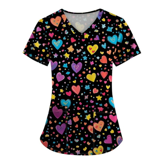 Mlqidk Women's Valentines Printed Scrub Tops Plus Size Cartoon Love Heart Printed Scrub Tops V-Neck Cute T Shirts Workwear Nurse Uniform Tee with Pockets Multicolor L