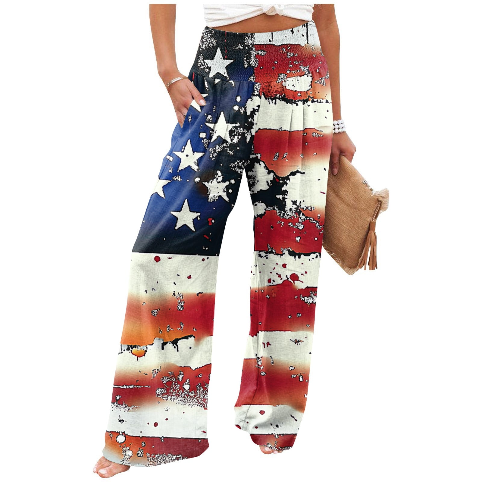 Mlqidk Womens American Flag Pants High Waisted Patriotic Palazzo Pants ...