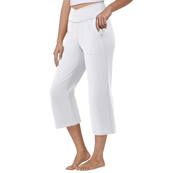 Mlqidk Womens Capri Pants Casual Loose Fit High Waisted Cropped Pants Trendy Wide Leg Beach Trousers with Pockets White S