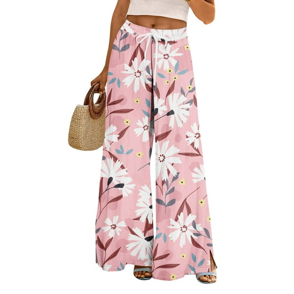 Mlqidk Womens Capris Pants Dressy Plus Size High Waist Pant Elastic Drawstring Wide-Leg Capri Pants Summer Boho Floral Print Trouser with Pockets Pink M