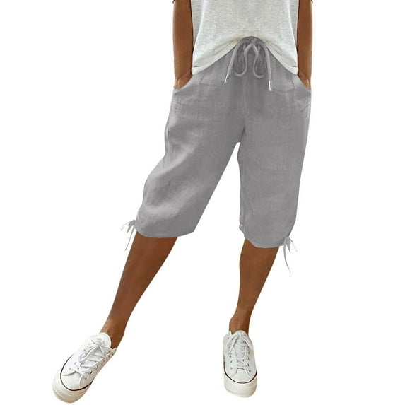 Mlqidk Womens Capris for Summer Clearance Elastic Waist Linen Capri Pants Knee Length Dressy Casual Lightweight Shorts with Pockets Light Gray L