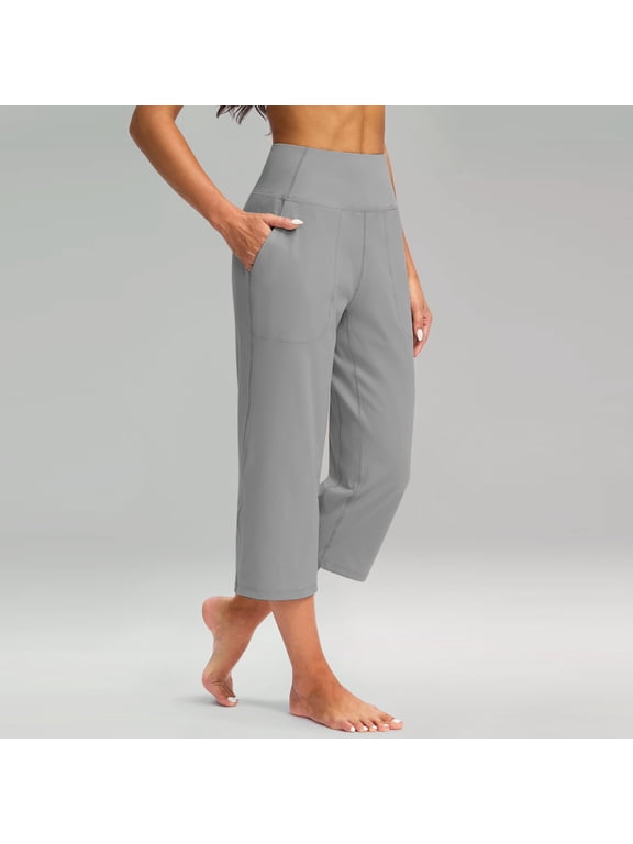 TQWQT Womens Capris for Summer Straight Leg Crop Pants with Pockets Tummy Control Crop Capris High Waist Plus Size Cropped Pants Gray L