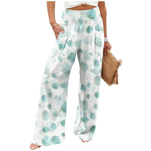 Mlqidk Womens Linen Pants Lounge High Waist Capri Pants Flowy Wide Leg Cotton Linen Trousers Plus Size Loose Floral Print Pants with Pocket Sky Blue XL