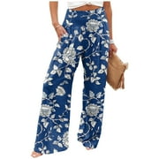DWRALEGC Womens Linen Pants Lounge High Waist Palazzo Pants Fashion Wide-Leg Cotton Linen Trousers Plus Size Loose Floral Print Pants with Pocket Navy M