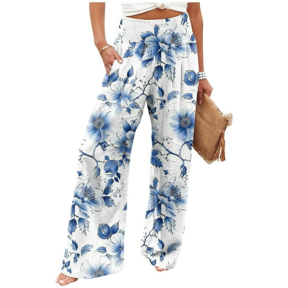 Dwralegc Womens Pants Lounge High Waist Capris Pants Fashion Wide Leg Cotton Linen Trouser Plus Size Loose Floral Print Pants with Pocket Sky Blue 2XL