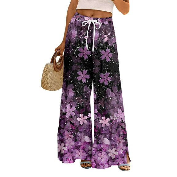 Mlqidk Womens Pants Tropical Plus Size High Waisted Pant Elastic Drawstring Wide Leg Capris Pants Summer Bohemian Floral Print Trouser with Pockets Purple S