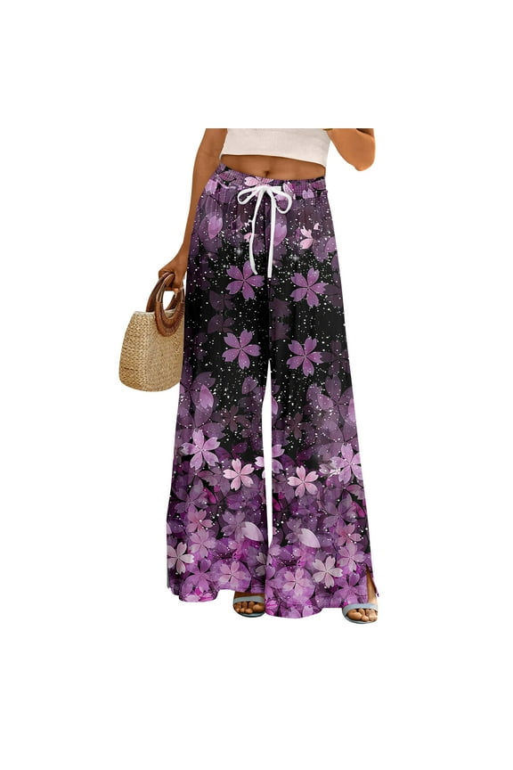 Mlqidk Womens Pants Tropical Plus Size High Waisted Pant Elastic Drawstring Wide Leg Capris Pants Summer Bohemian Floral Print Trouser with Pockets Purple S