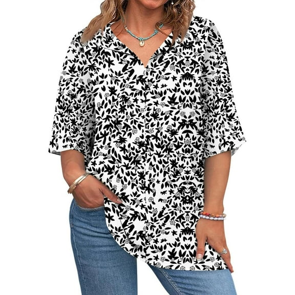 Mlqidk Womens Plus Size Summer Tops 2024 4x-5x 3/4 Sleeve Tee Shirt Tops Floral Print T-Shirt V Neck Shirts Large Casual Tunic Tops Dark Gray XL