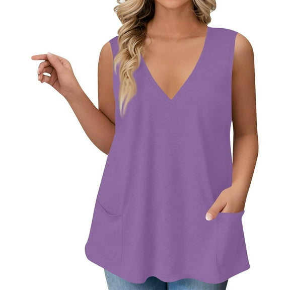 Mlqidk Womens Plus Size Summer Tops 2024 4x-5x Deep V Neck Tank Shirts Graphic T-Shirt Sleeveless Shirts Dressy Casual Tunic Tops Purple L