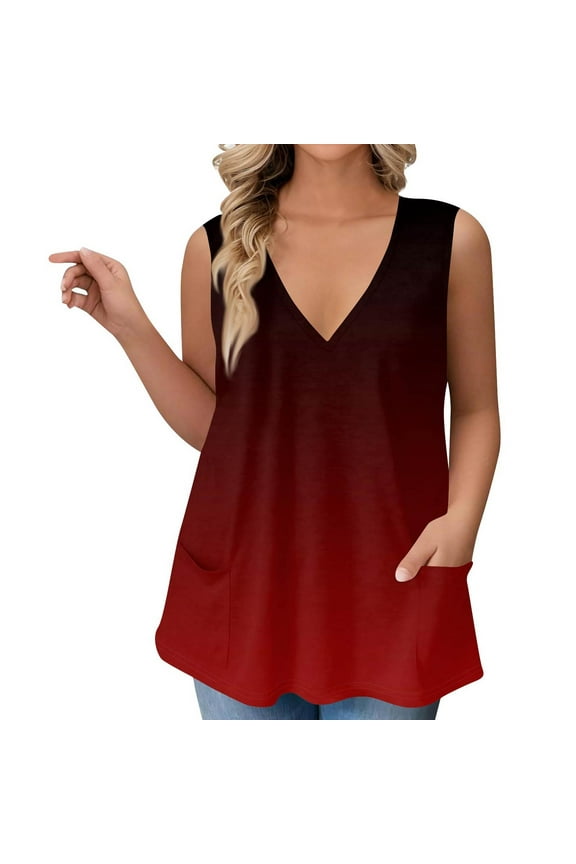 Womens Plus Size Summer Tops 2024 4x-5x Sleeveless Tunics Tank Shirts Gradient Print Deep V Neck T Shirts Loose Fit Casual Tunic Tops Wine 2XL