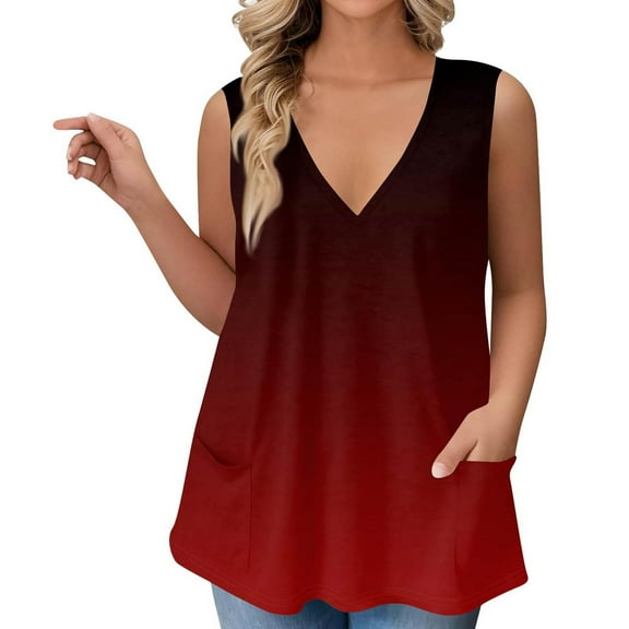 Mlqidk Womens Plus Size Summer Tops 2024 Sexy Sleeveless Blouses Gradient Print Deep V Neck T Tank Shirts Loose Casual Blouses Wine 3XL